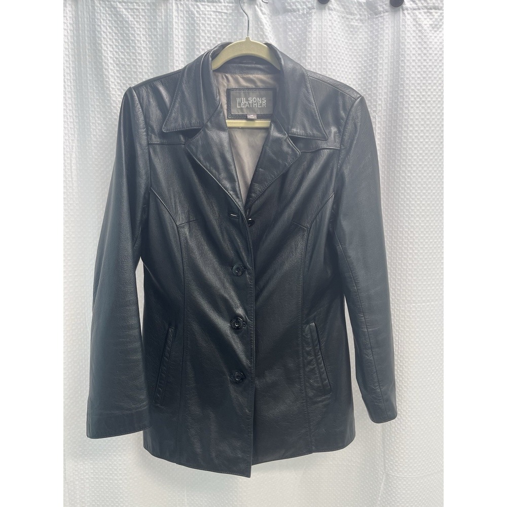 Wilsons Leather Black Leather Blazer Jacket Womens Medium 4 Button Coat Classic